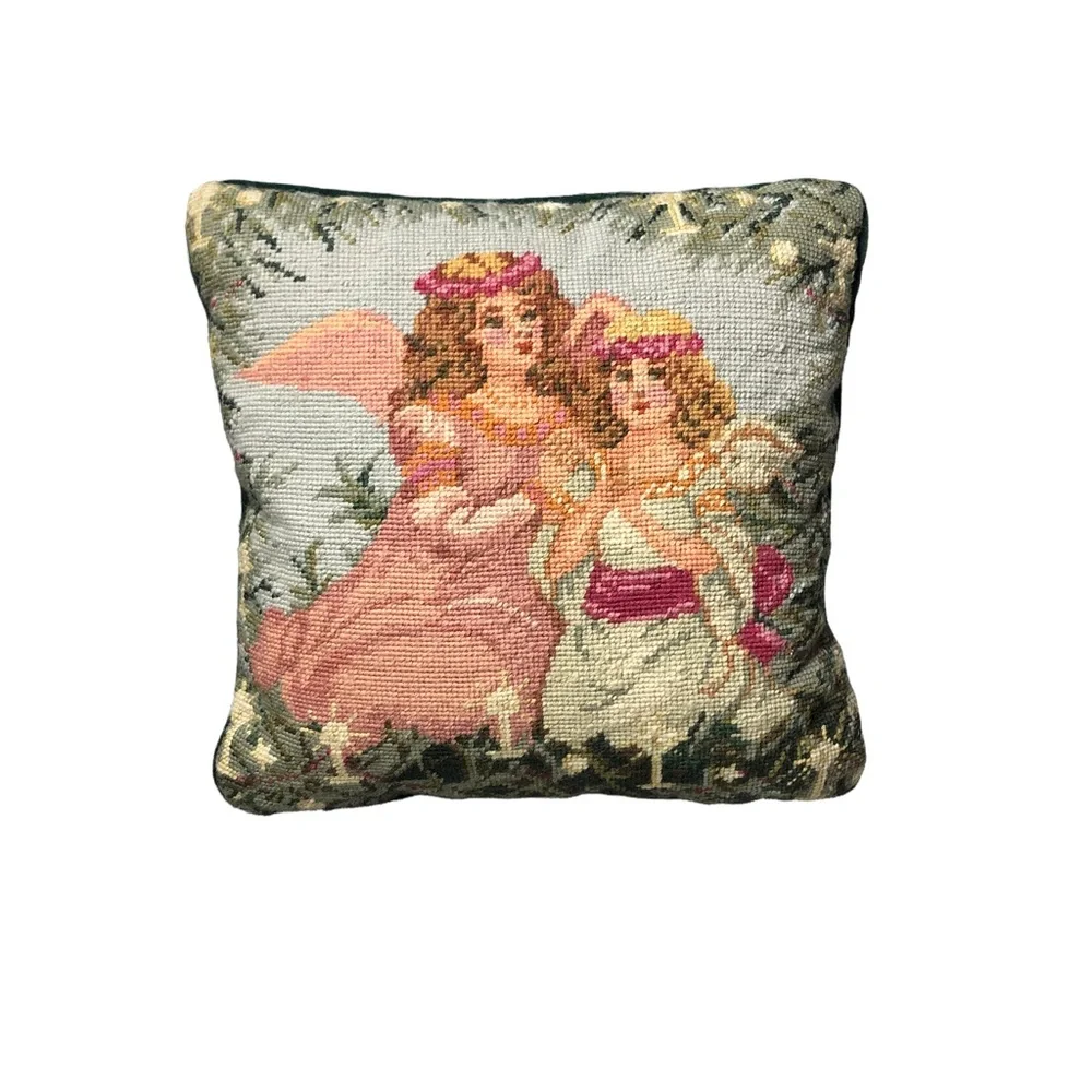 Vintage Needlepoint Angel Sisters 14x14 throw pillow
